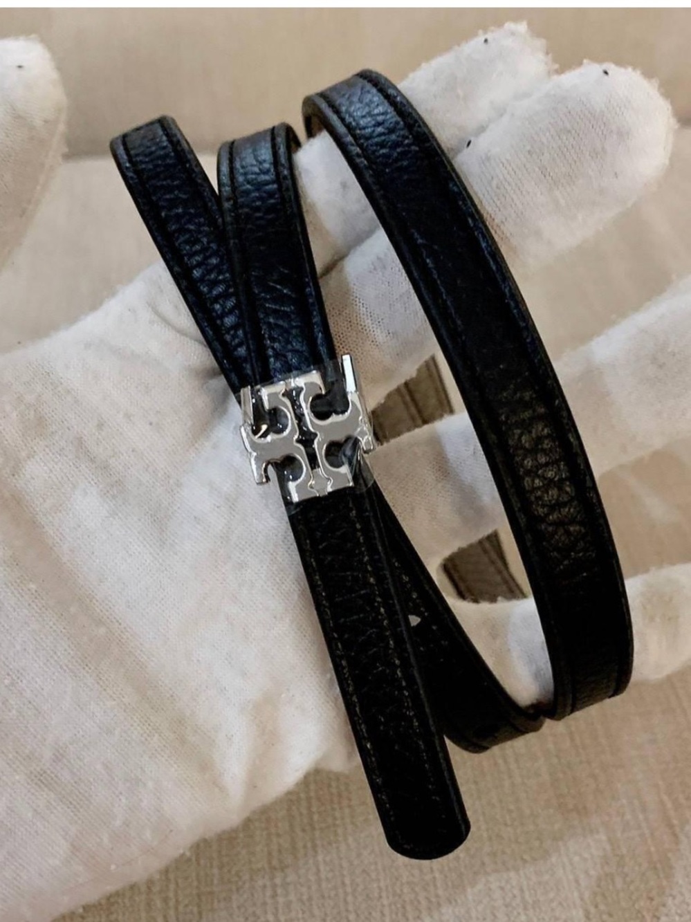 TORY BURCH logo belt 1/2 waist belt black french grey women belt New w tags $178